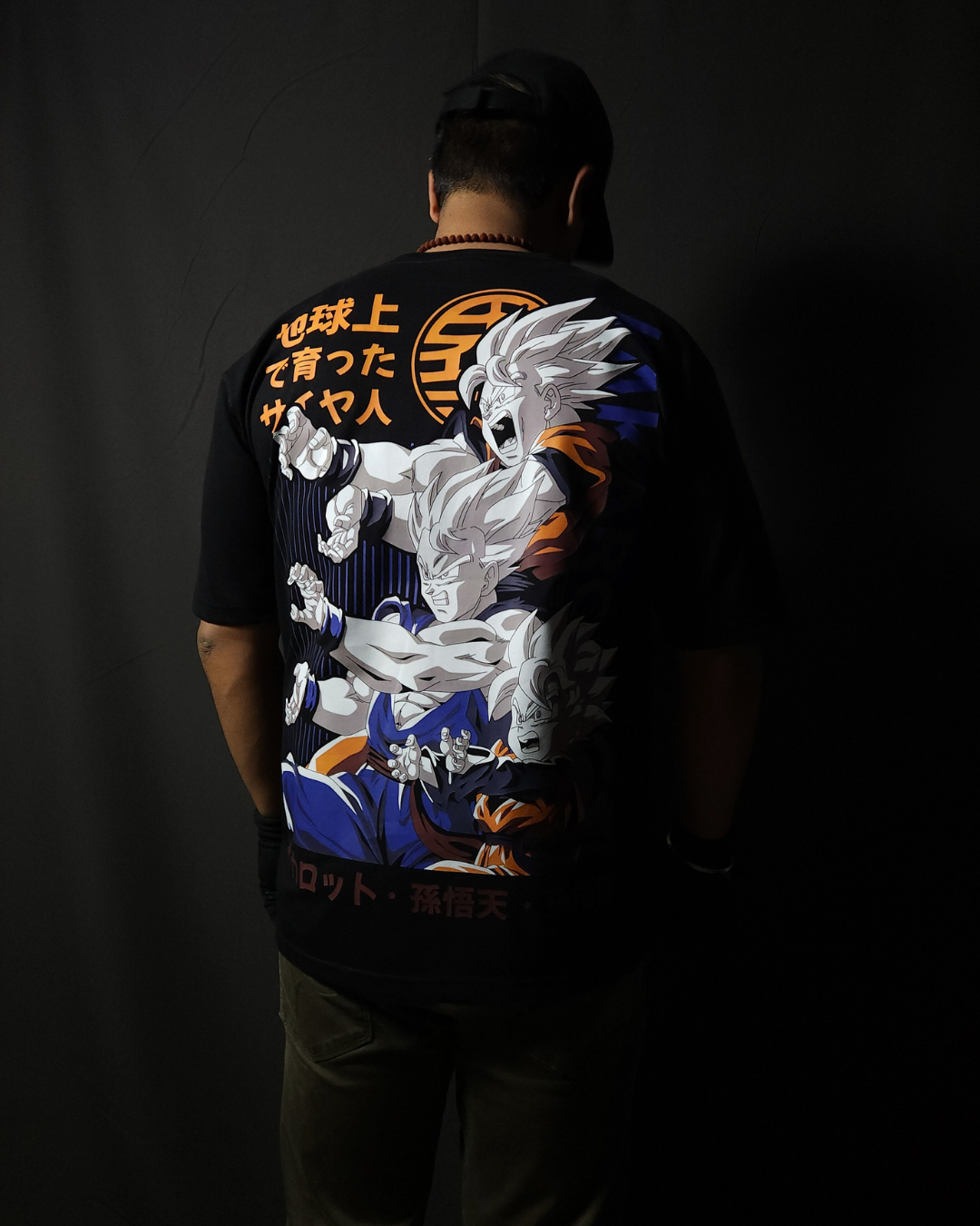 Anime-inspired apparel featuring bold back artwork, worn by a model in a dark studio setting – from a South African anime clothing brand.