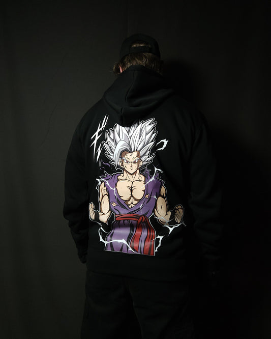 Anime-inspired apparel featuring bold back artwork, worn by a model in a dark studio setting – from a South African anime clothing brand.
