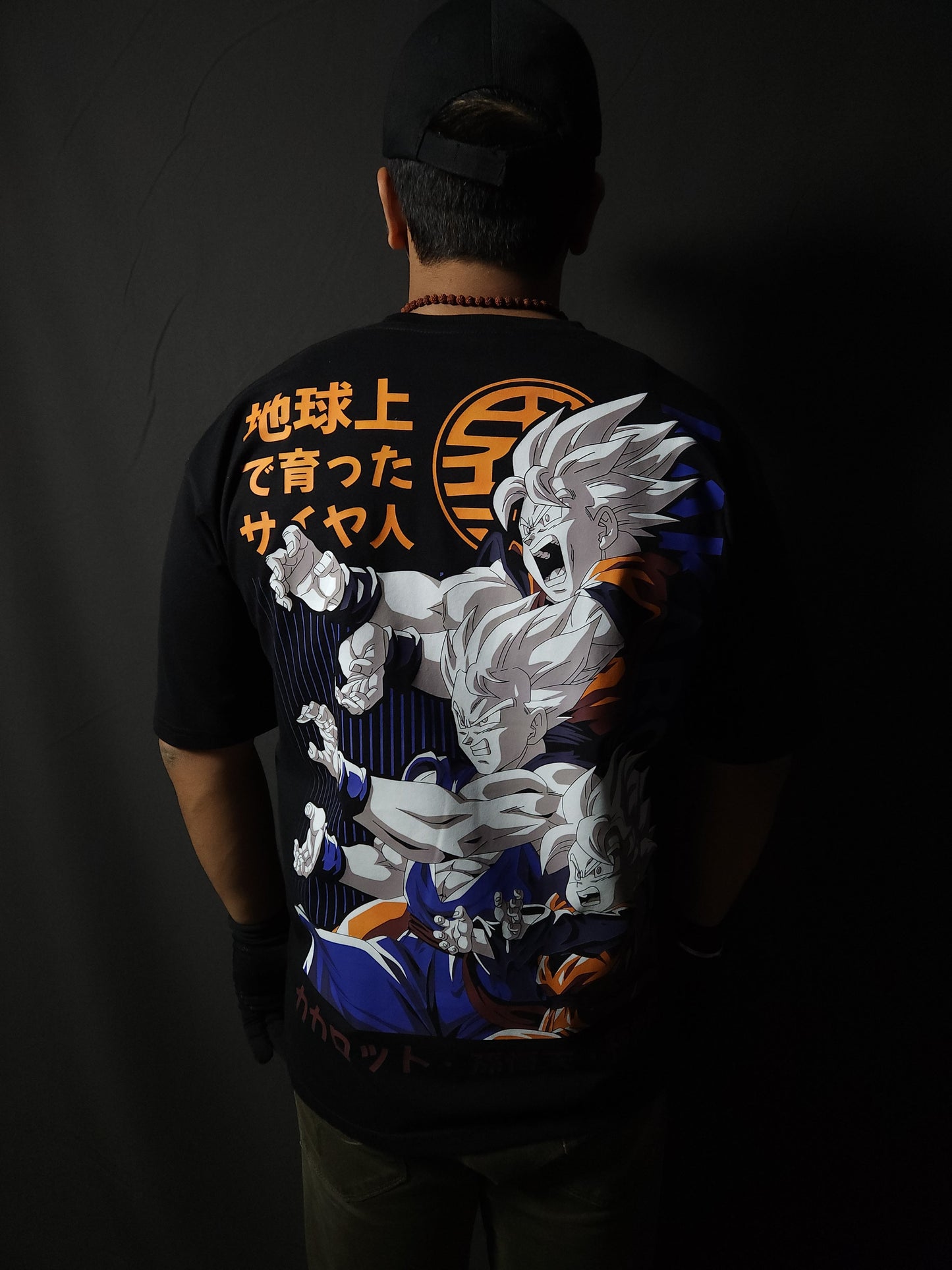 Anime-inspired apparel featuring bold back artwork, worn by a model in a dark studio setting – from a South African anime clothing brand.