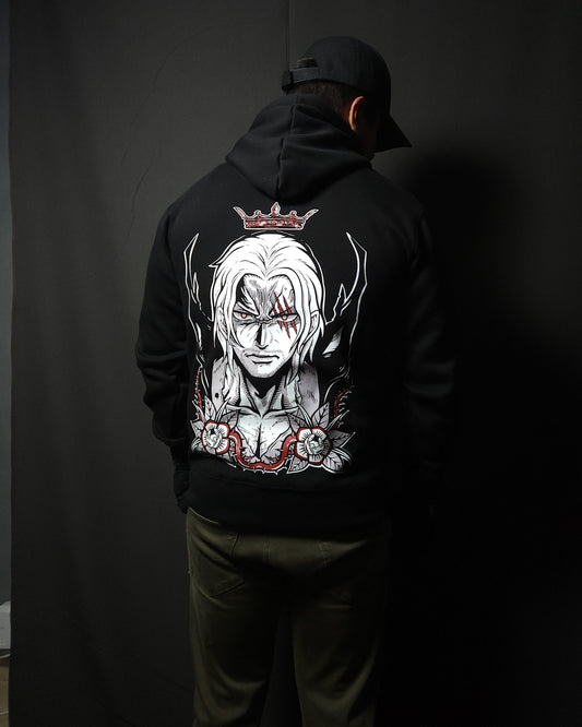 Anime-inspired apparel featuring bold back artwork, worn by a model in a dark studio setting – from a South African anime clothing brand.