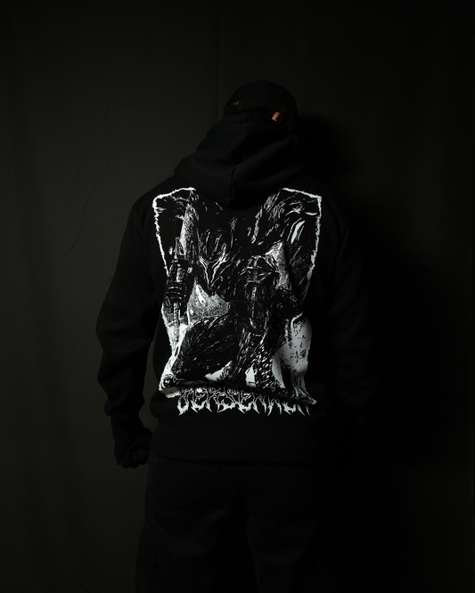 Anime-inspired apparel featuring bold back artwork, worn by a model in a dark studio setting – from a South African anime clothing brand.